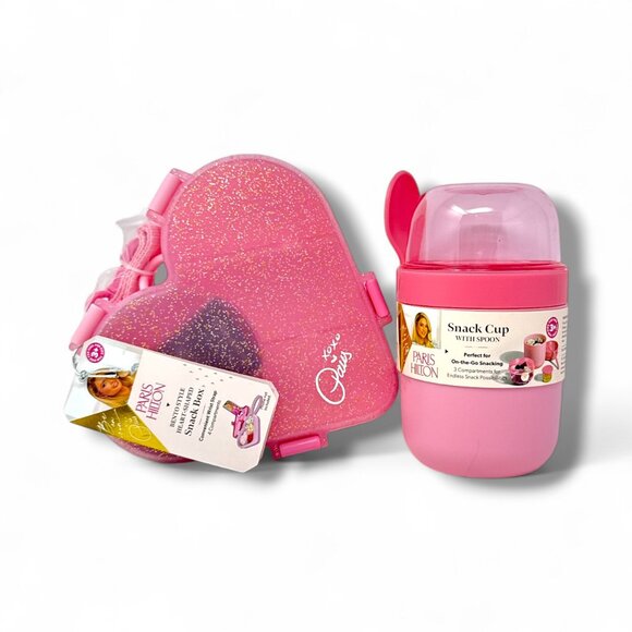 Paris Hilton Pink Bow Snack Cup with Spoon – 3 Compartments, On-the-Go Lunch - Picture 9 of 9